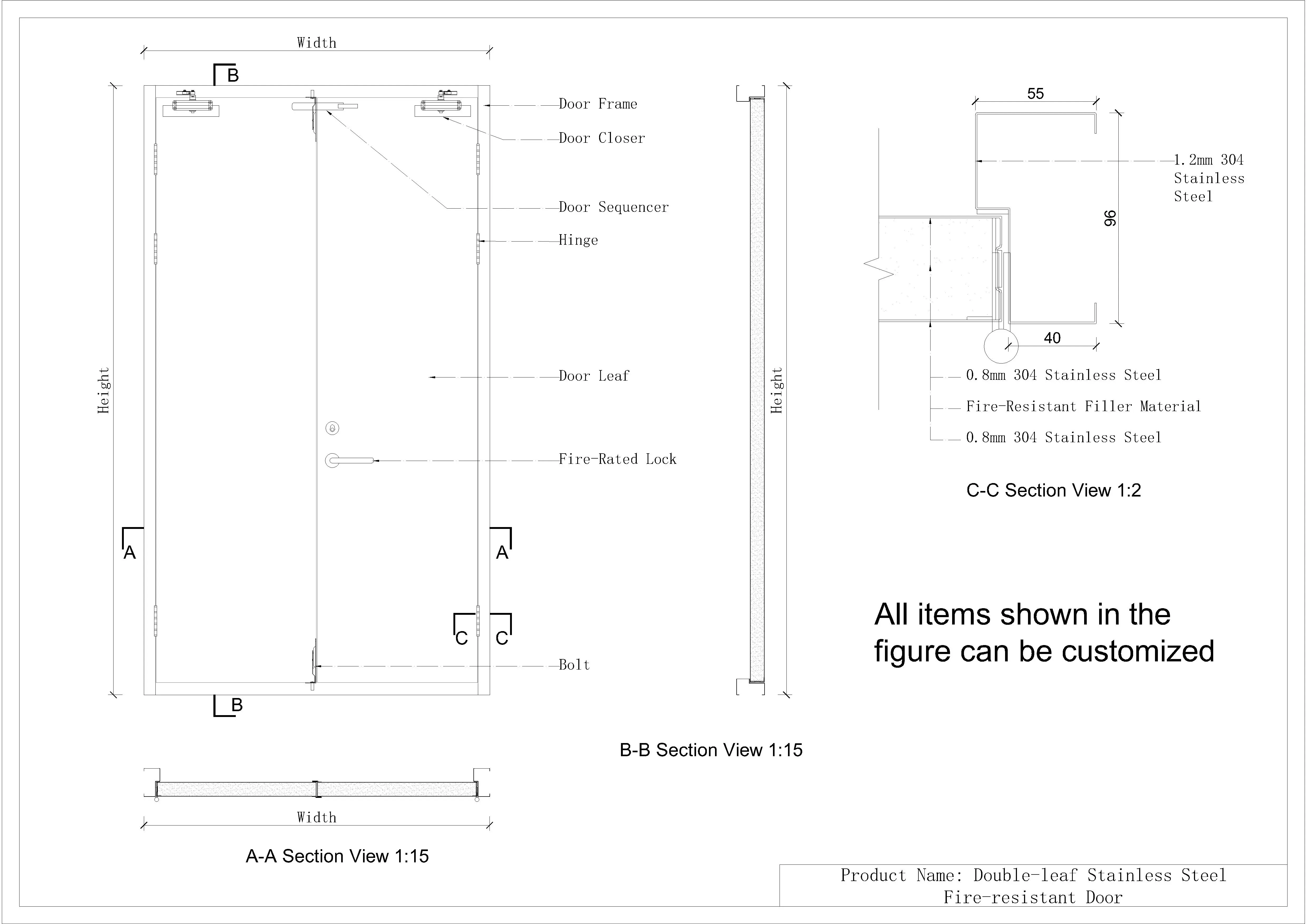 Detail Drawing of Double-Leaf Steel Fire Door with Vision Window
