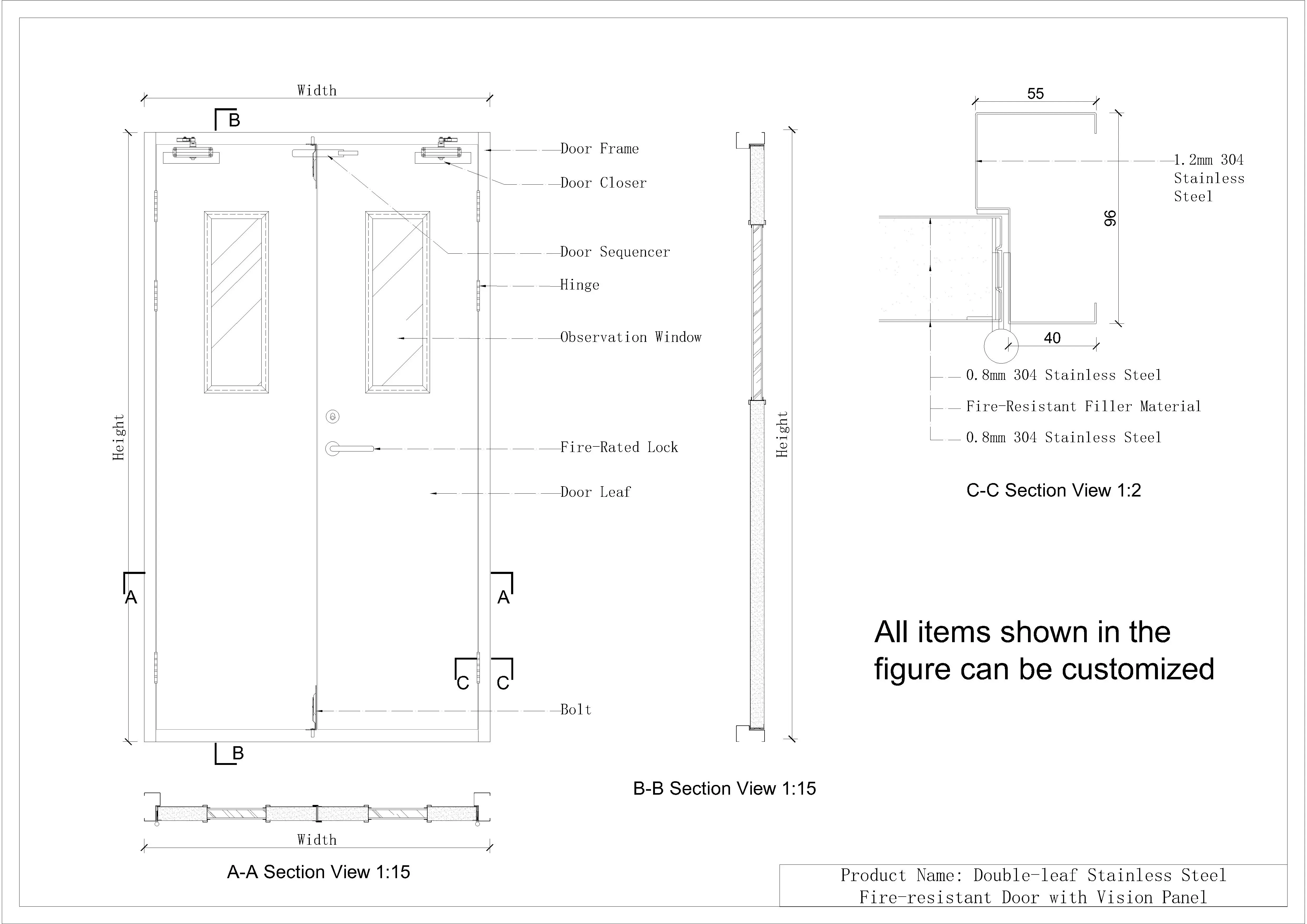 Detail Drawing of Double-Leaf Steel Fire Door with Vision Window
