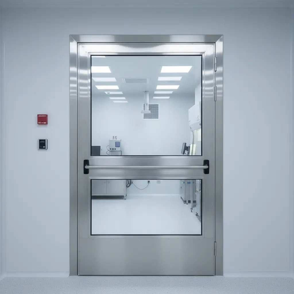 Stainless Steel Glass Fire Door For Medical Cleanrooms And Sterile Laboratories