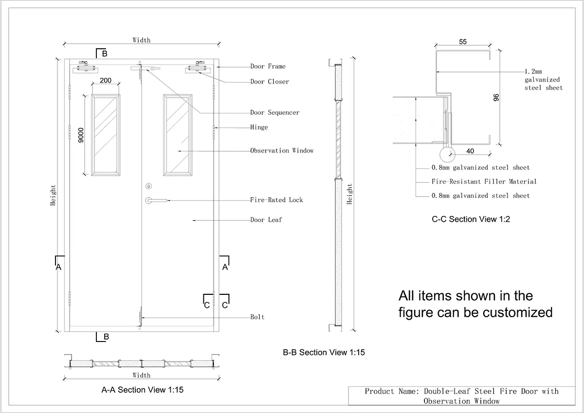 Detail Drawing of Double-Leaf Steel Fire Door with Vision Window