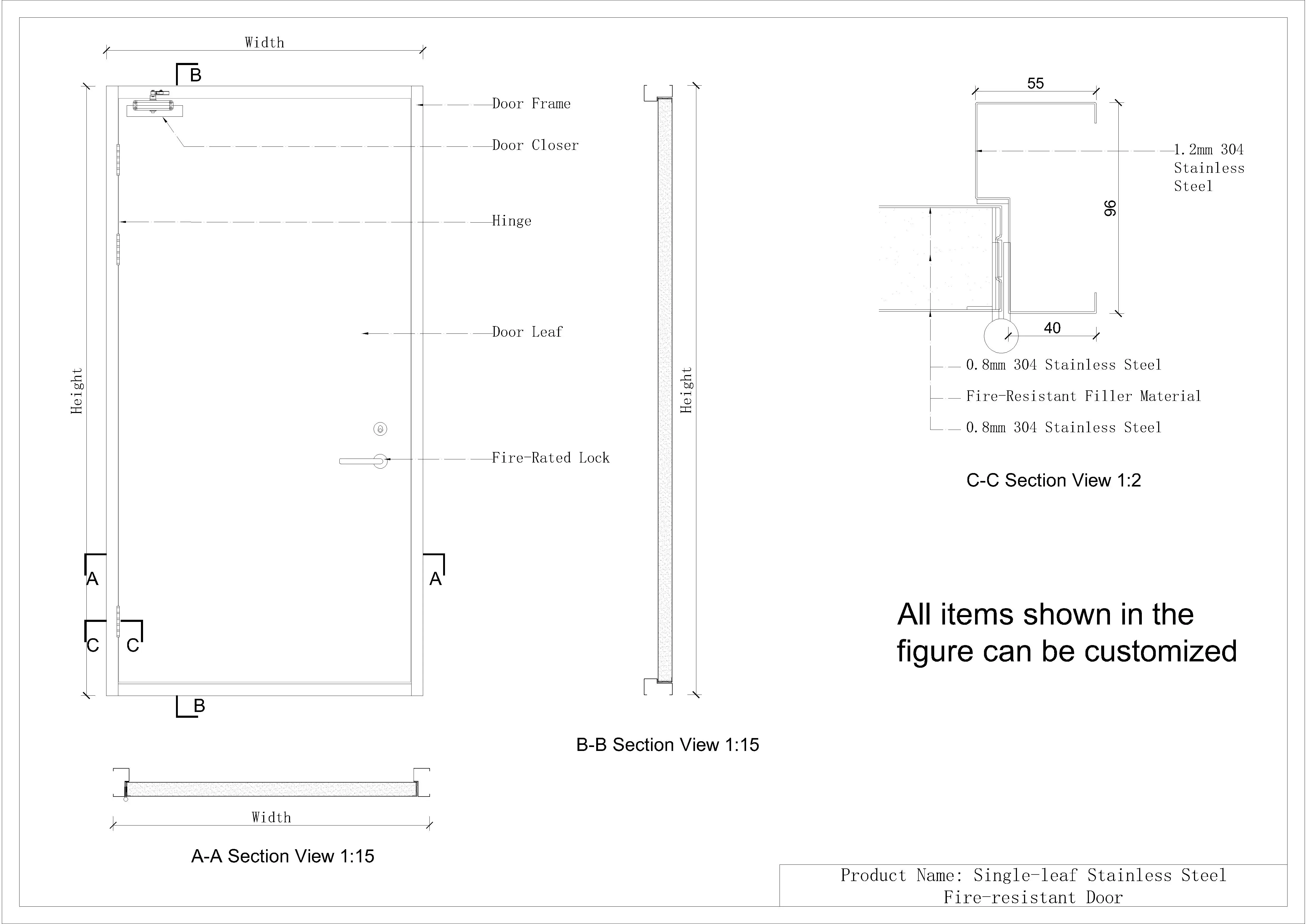 Detail Drawing of Double-Leaf Steel Fire Door with Vision Window